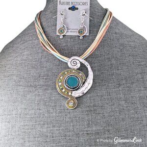 Boho Multi Strand Pastel Cord Swirl Pendant Necklace & Earrings Set
